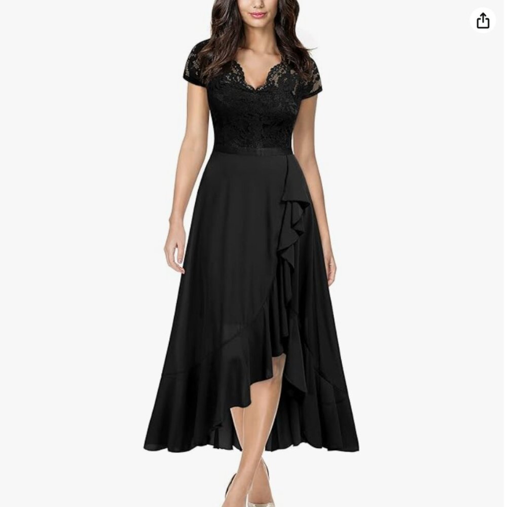 Miusol Women's V Neck Elegant Lace Ruffle Bridesmaid Maxi Dress (Black, 2XL)
